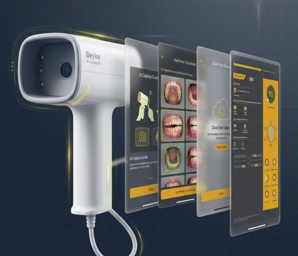 The Beyke AI intraoral camera beside its app: the capture guide, photo thumbnails, cloud sync and the report screen